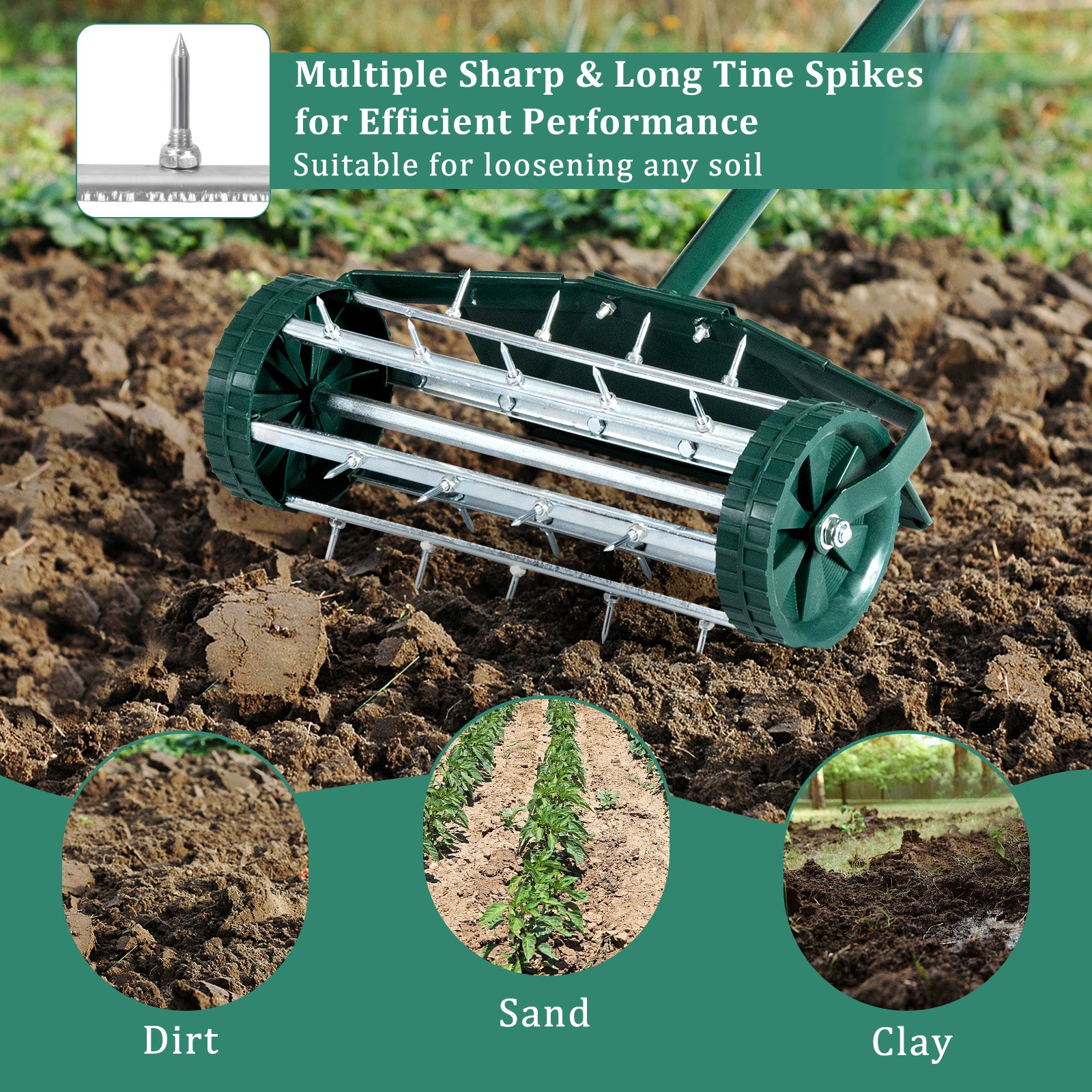 18 Inch Rolling Lawn Aerator with Splash-Proof Fender for Garden 