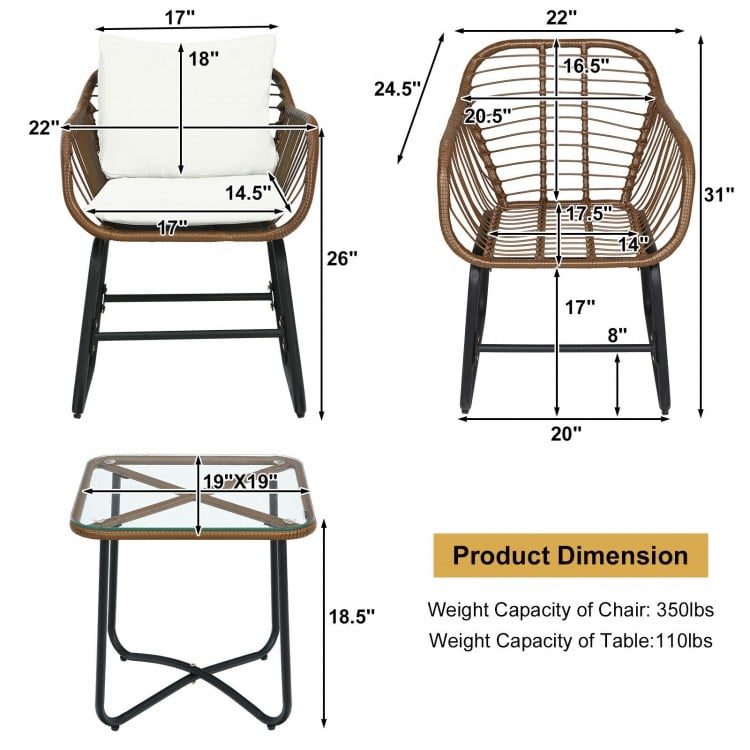 3 Pieces Patio Rattan Bistro Set with Cushions and Glass Table-White