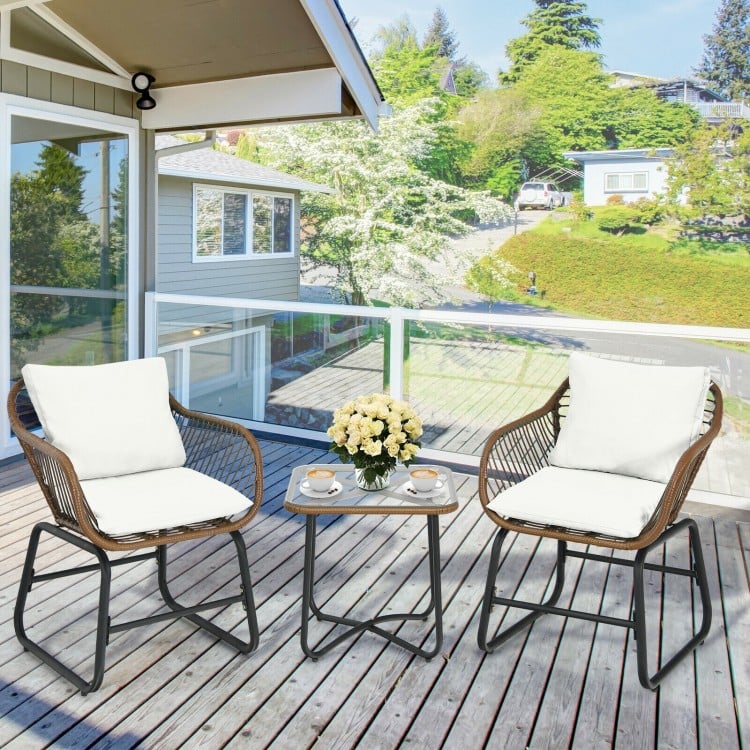 3 Pieces Patio Rattan Bistro Set with Cushions and Glass Table-White