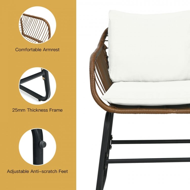 3 Pieces Patio Rattan Bistro Set with Cushions and Glass Table-White