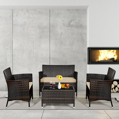 4 Pieces Comfortable Outdoor Rattan Sofa Set with Glass Coffee Table-Light BrownÂ 