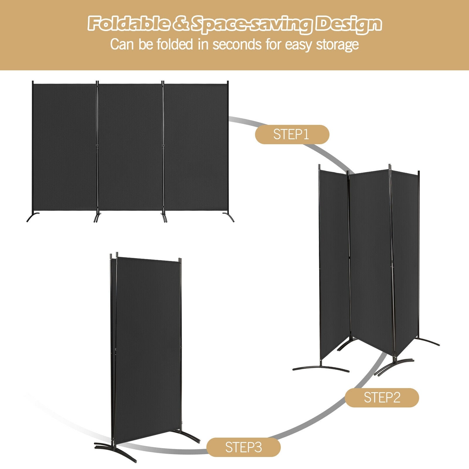 3-Panel Room Divider Folding Privacy Partition Screen for Office Room-Black