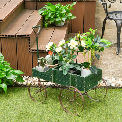 Wooden Wagon Plant Bed With Wheel for Garden Yard-GreenÂ 