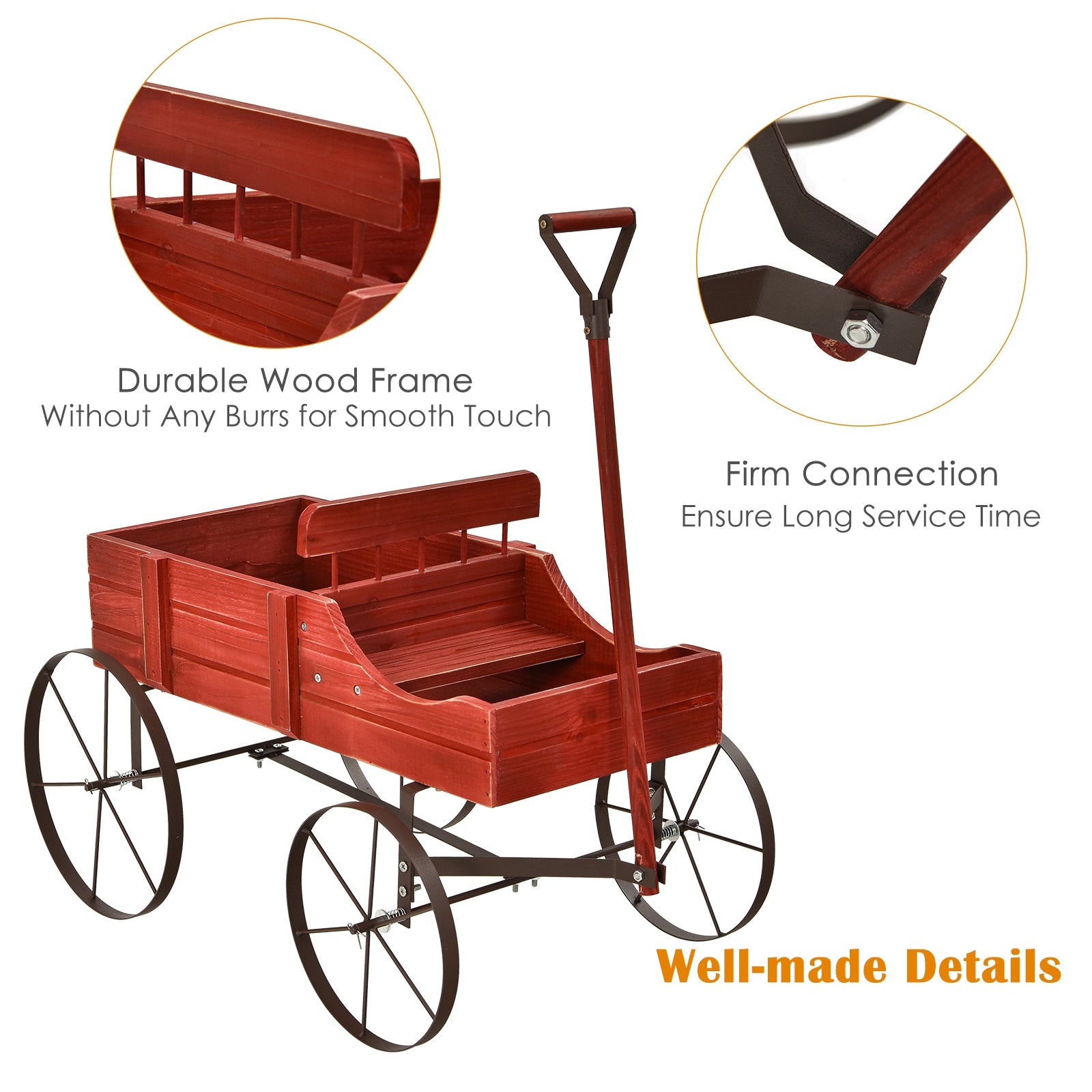 Wooden Wagon Plant Bed With Wheel for Garden Yard-Red