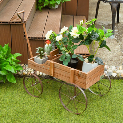 Wooden Wagon Plant Bed With Wheel for Garden Yard-BrownÂ 
