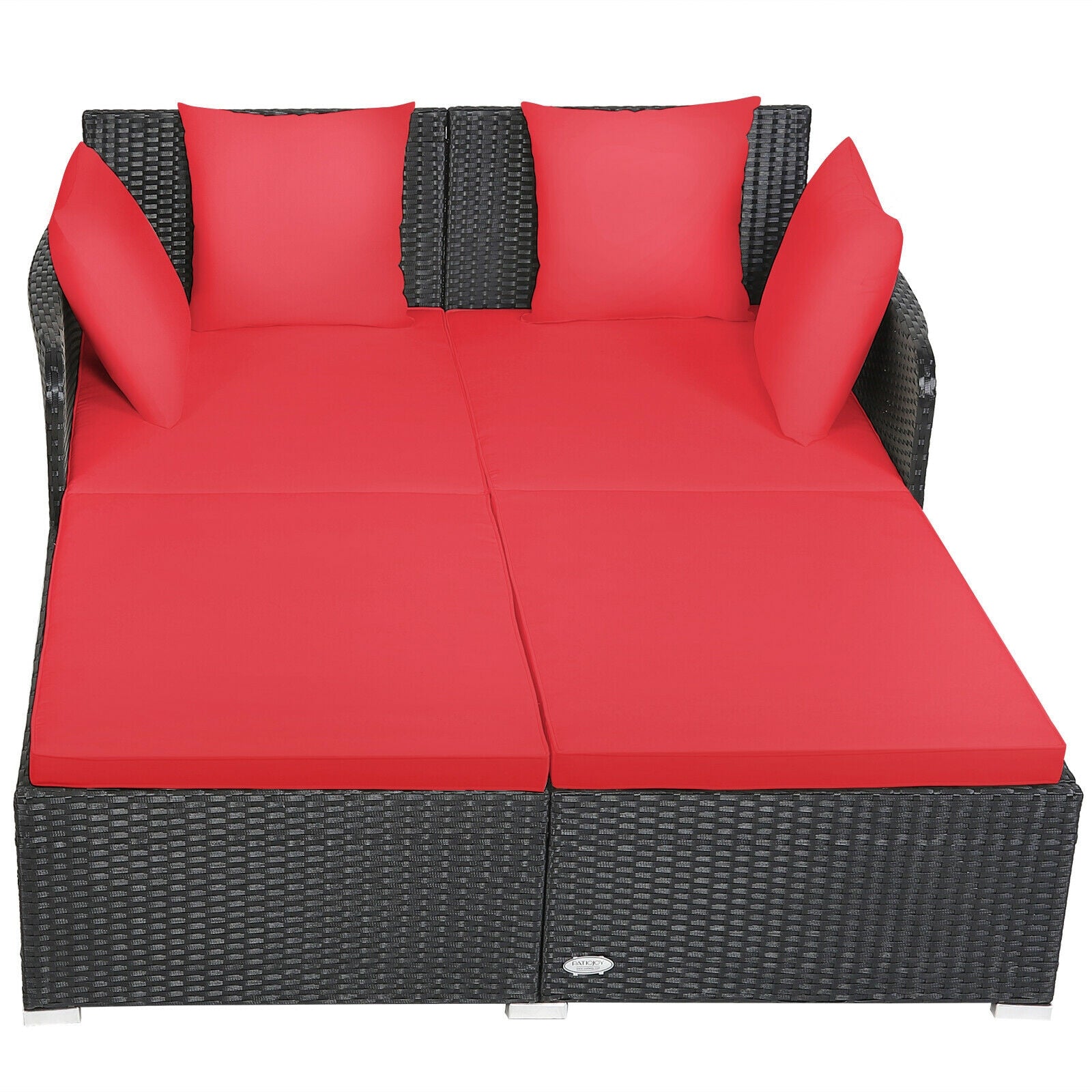 Spacious Outdoor Rattan Daybed with Upholstered Cushions and Pillows-Red