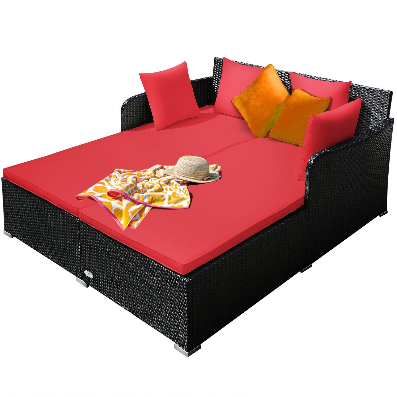 Spacious Outdoor Rattan Daybed with Upholstered Cushions and Pillows-Red