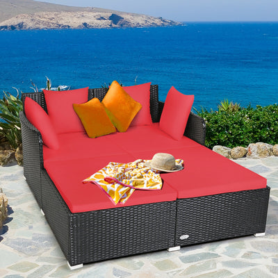 Spacious Outdoor Rattan Daybed with Upholstered Cushions and Pillows-RedÂ 
