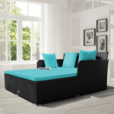 Spacious Outdoor Rattan Daybed with Upholstered Cushions and Pillows-TurquoiseÂ 