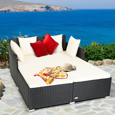 Spacious Outdoor Rattan Daybed with Upholstered Cushions and Pillows-WhiteÂ 