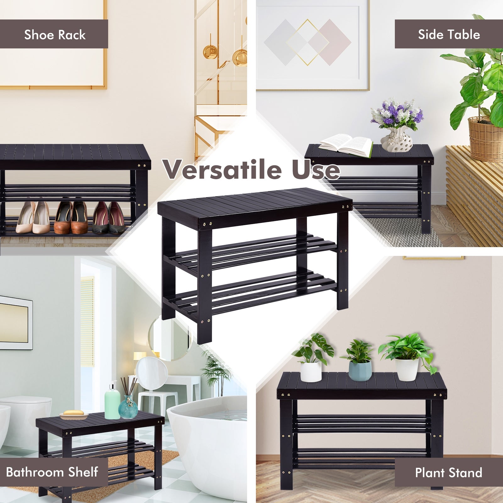 3 Tier Bamboo Bench Storage Shoe Shelf-Black