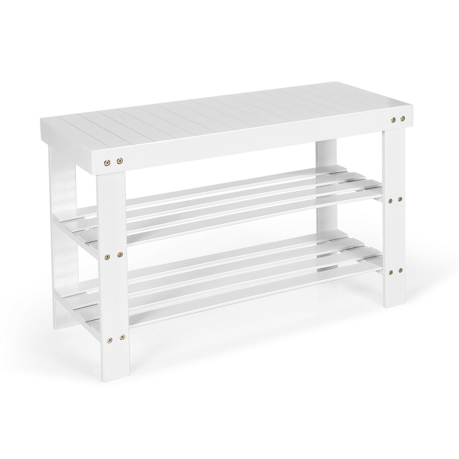 3-Tier Bamboo Shoe Bench Holds up to 6 Pairs for Entry-White 