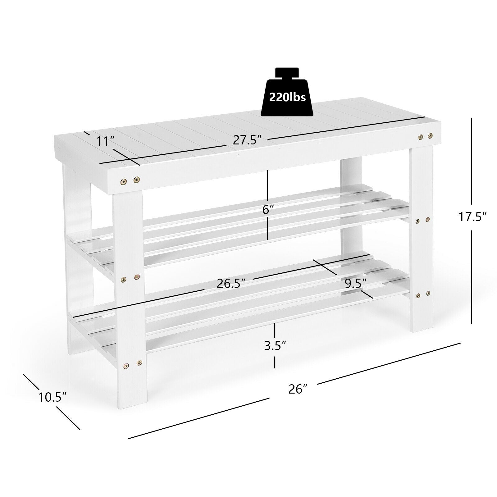 3-Tier Bamboo Shoe Bench Holds up to 6 Pairs for Entry-White 