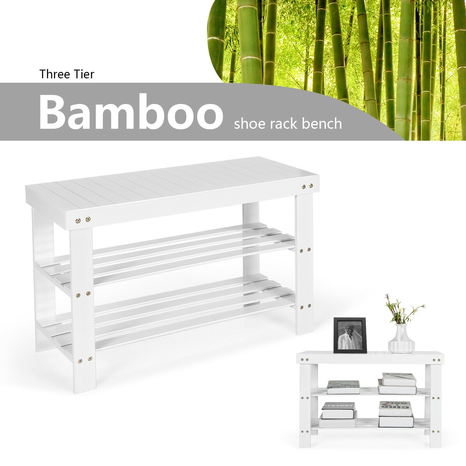 3-Tier Bamboo Shoe Bench Holds up to 6 Pairs for Entry-White 