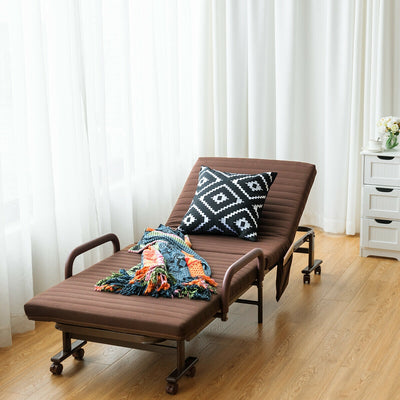 Adjustable Guest Single Bed Lounge Portable Wheels-BrownÂ 
