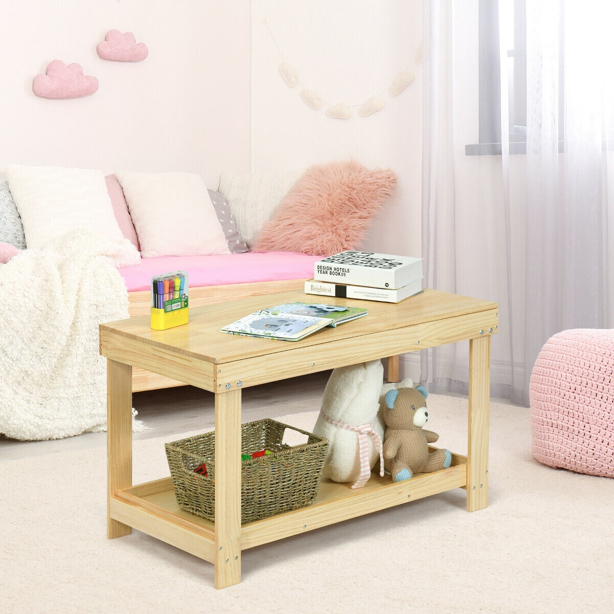 Solid Multifunctional Wood Kids Activity Play Table-Natural