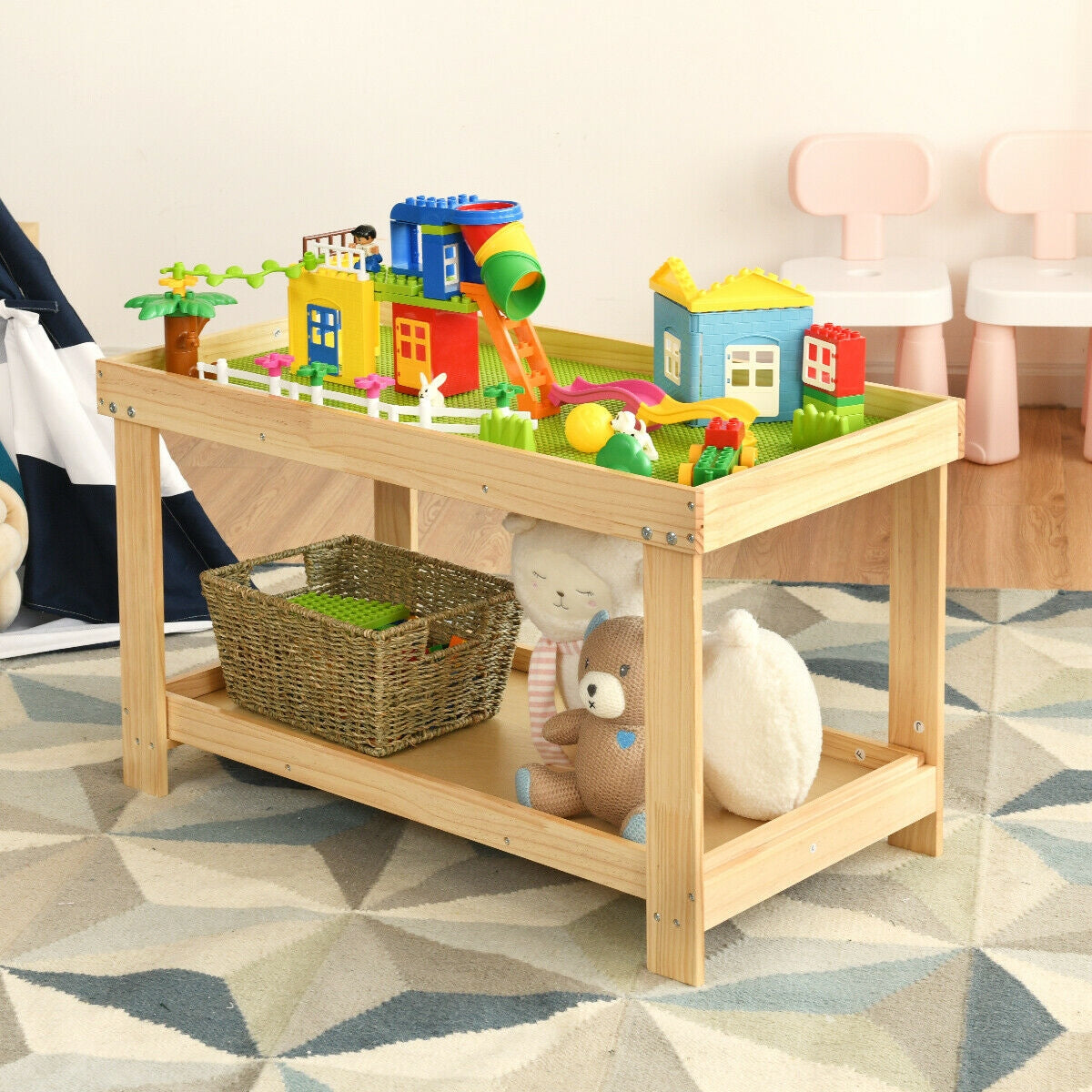 Solid Multifunctional Wood Kids Activity Play Table-Natural 