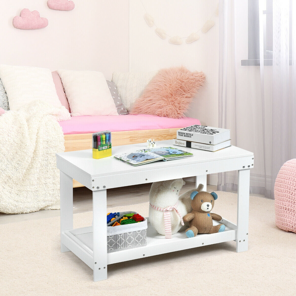 Solid Multifunctional Wood Kids Activity Play Table-White