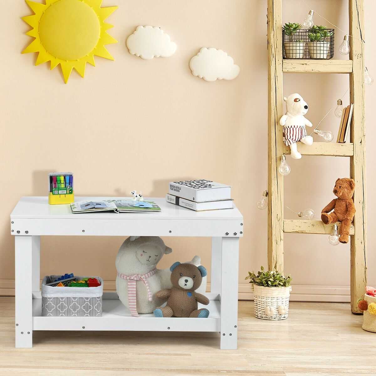 Solid Multifunctional Wood Kids Activity Play Table-White 