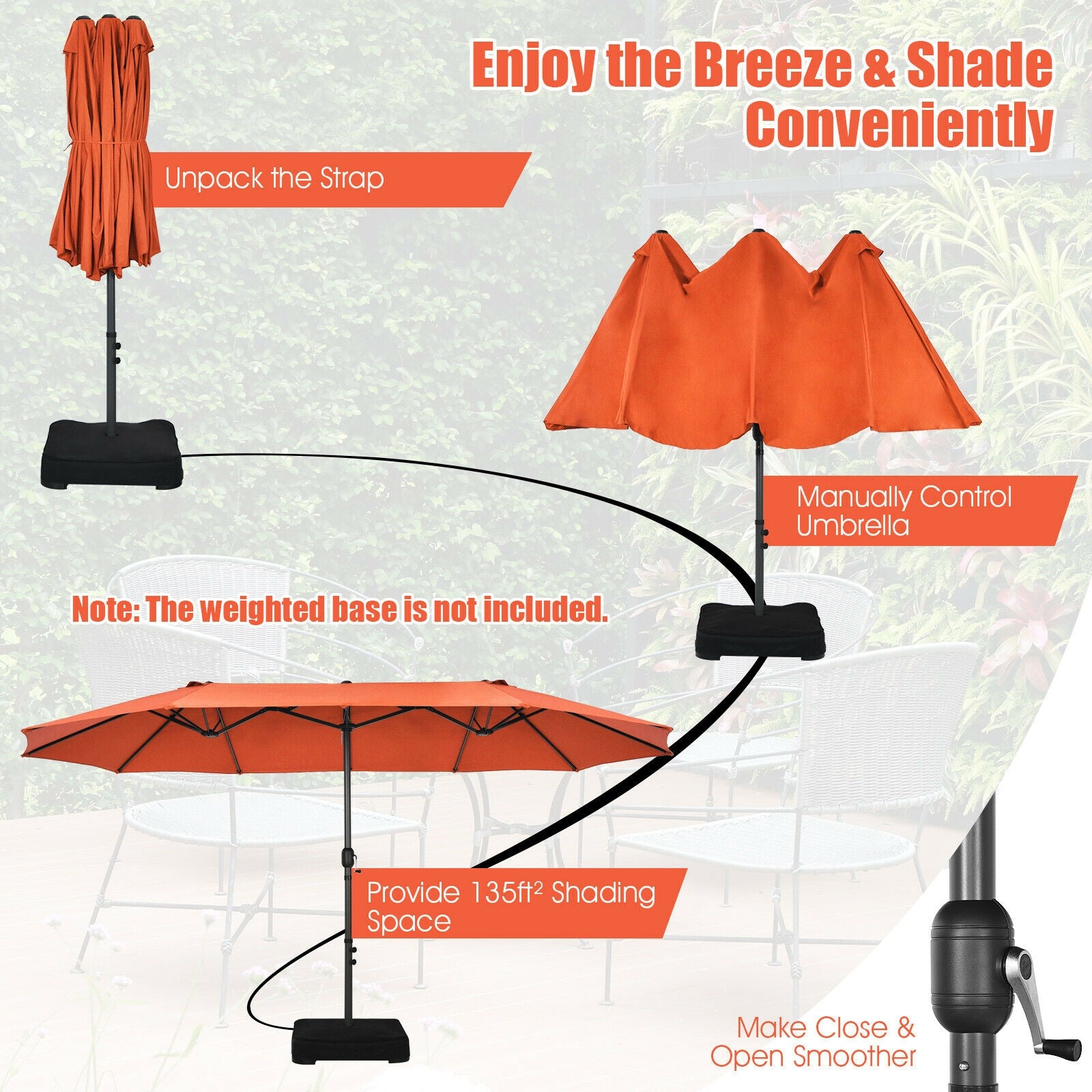 15 Feet Patio Double-Sided Umbrella with Hand-Crank System-Orange