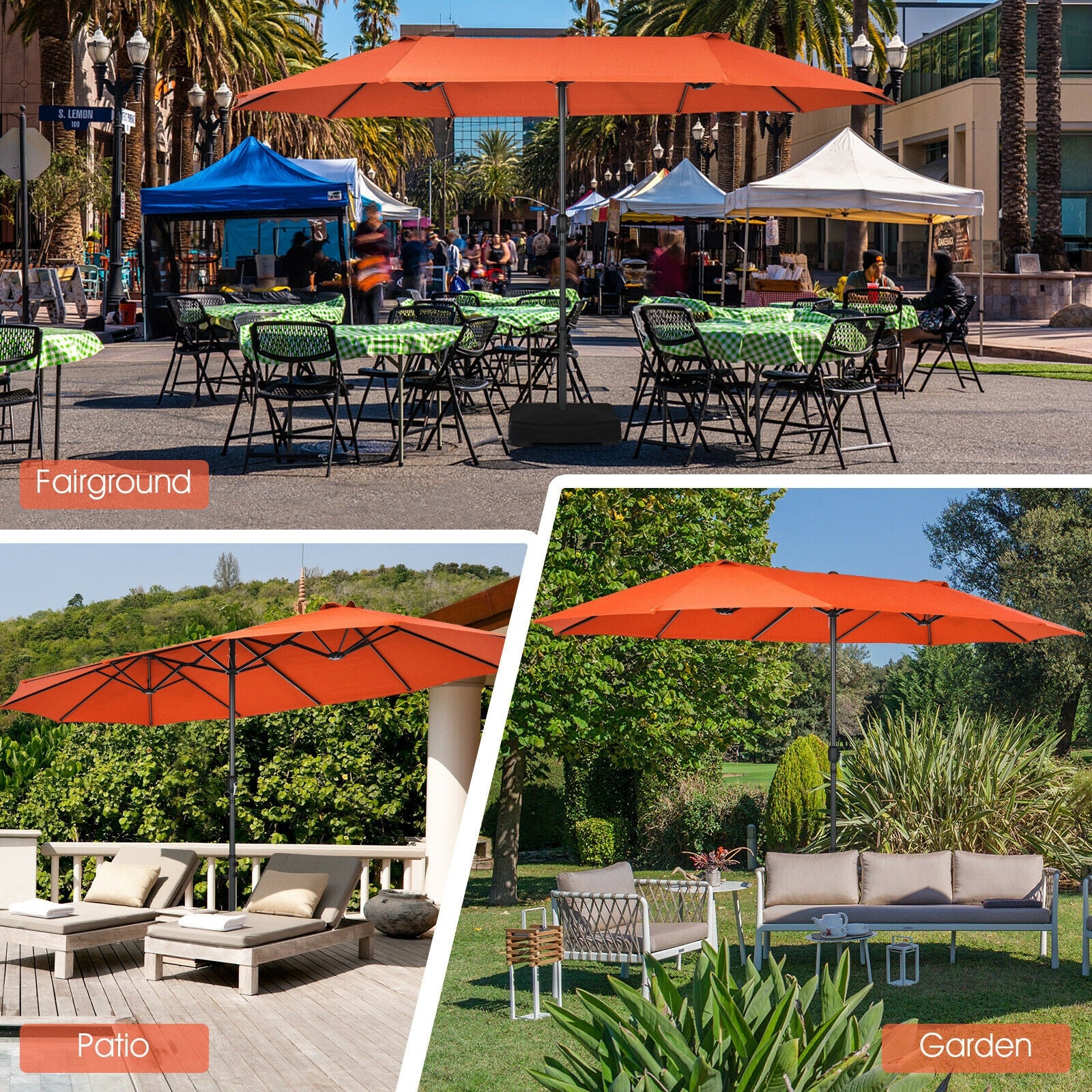 15 Feet Patio Double-Sided Umbrella with Hand-Crank System-Orange