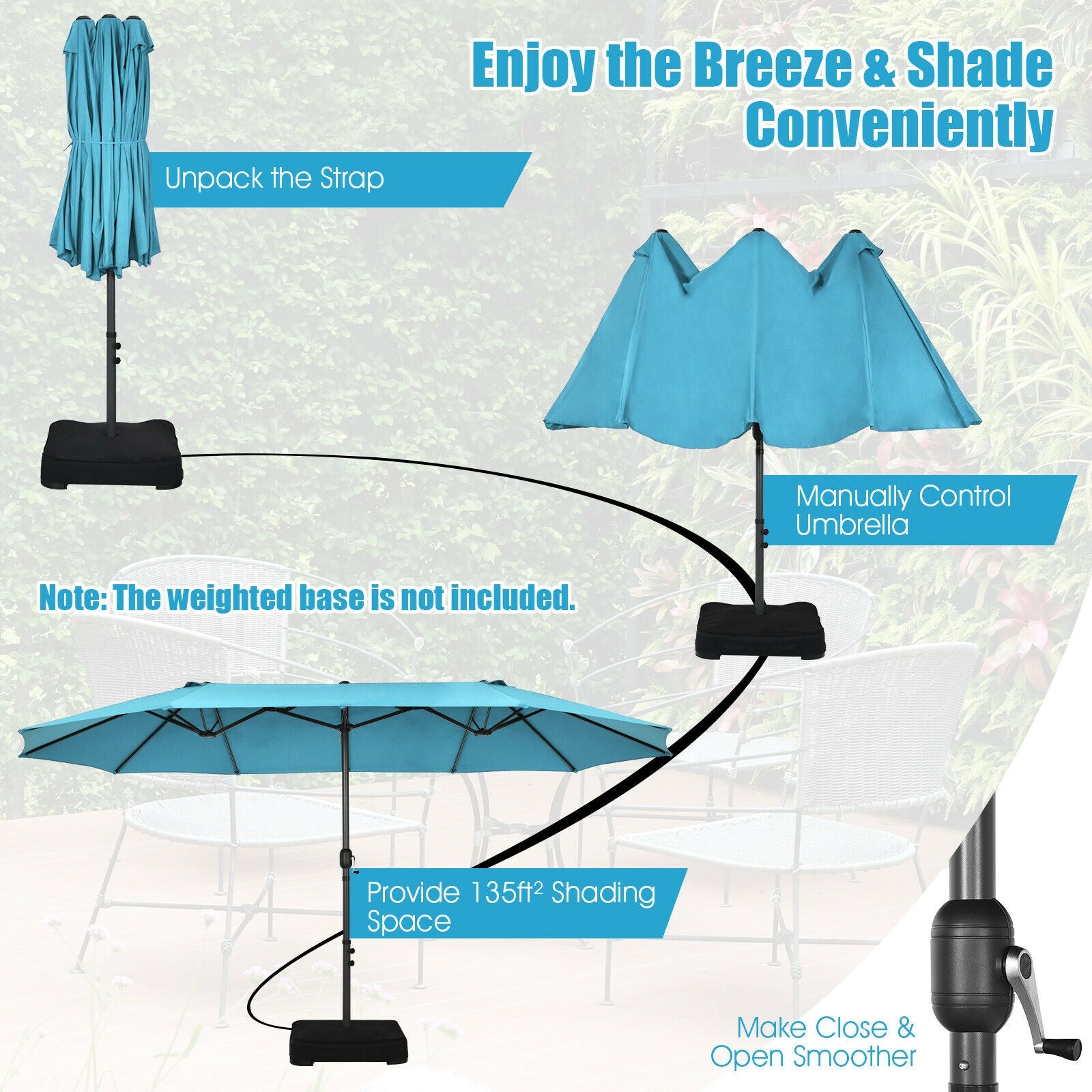 15 Feet Patio Double-Sided Umbrella with Hand-Crank System-Turquoise