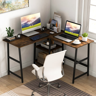 L Shaped Corner Computer Desk with Storage Shelves-BrownÂ 
