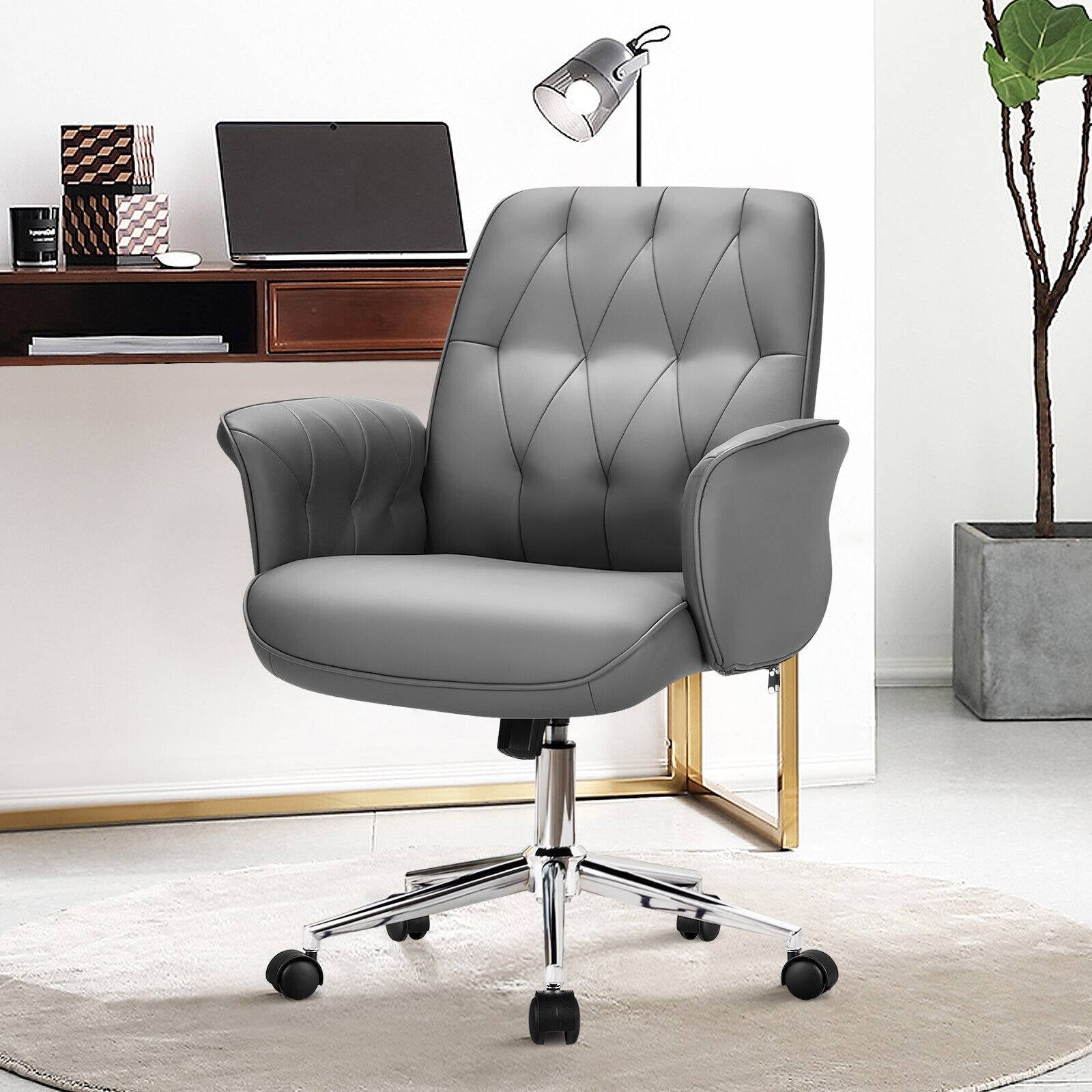 Modern Home Office Leisure Chair PU Leather Adjustable Swivel with Armrest-Gray