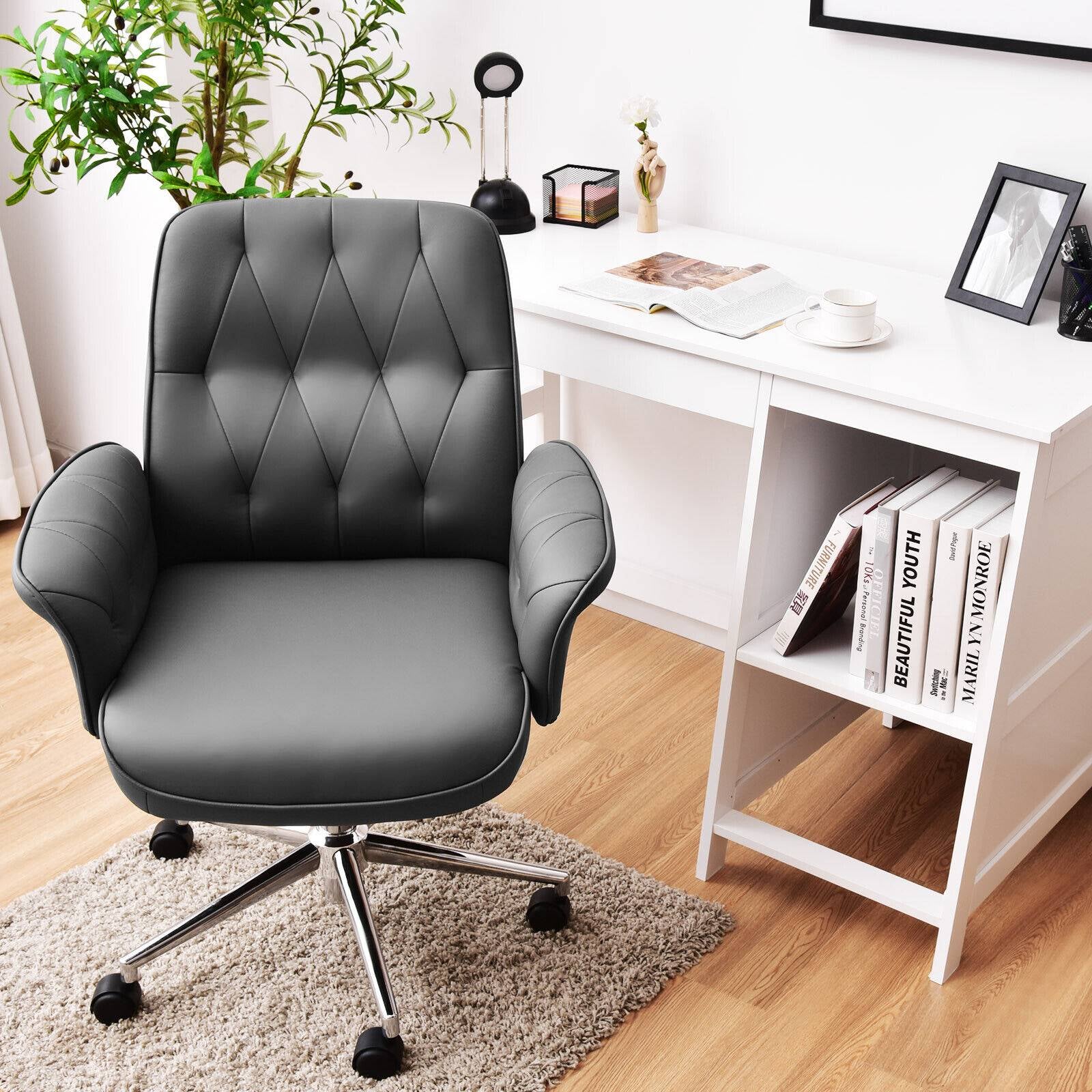 Modern Home Office Leisure Chair PU Leather Adjustable Swivel with Armrest-Gray