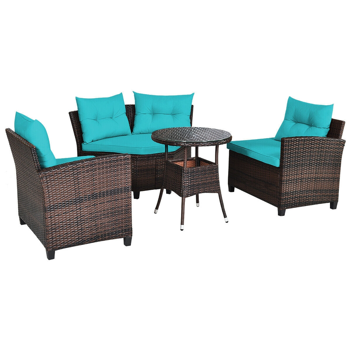 4Pcs Outdoor Cushioned Rattan Furniture Set-Turquoise