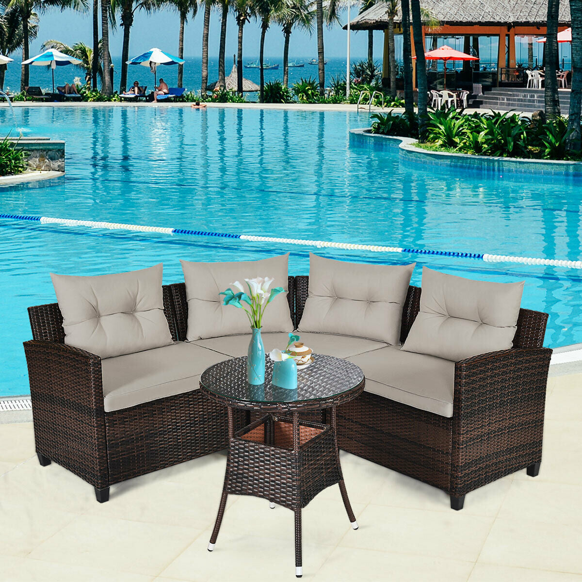 4 Pieces Outdoor Cushioned Rattan Furniture Set-Brown