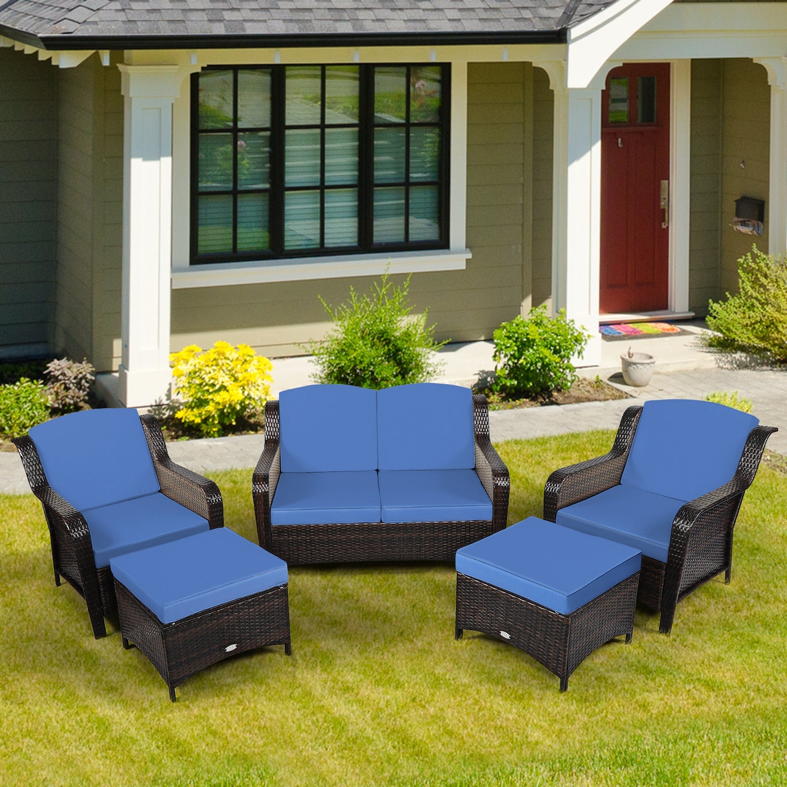 5 Pieces Patio Rattan Sofa Set with Cushion and Ottoman-Navy 