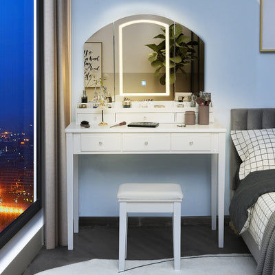 Vanity Table Stool Set with Large Tri-folding Lighted Mirror-White 
