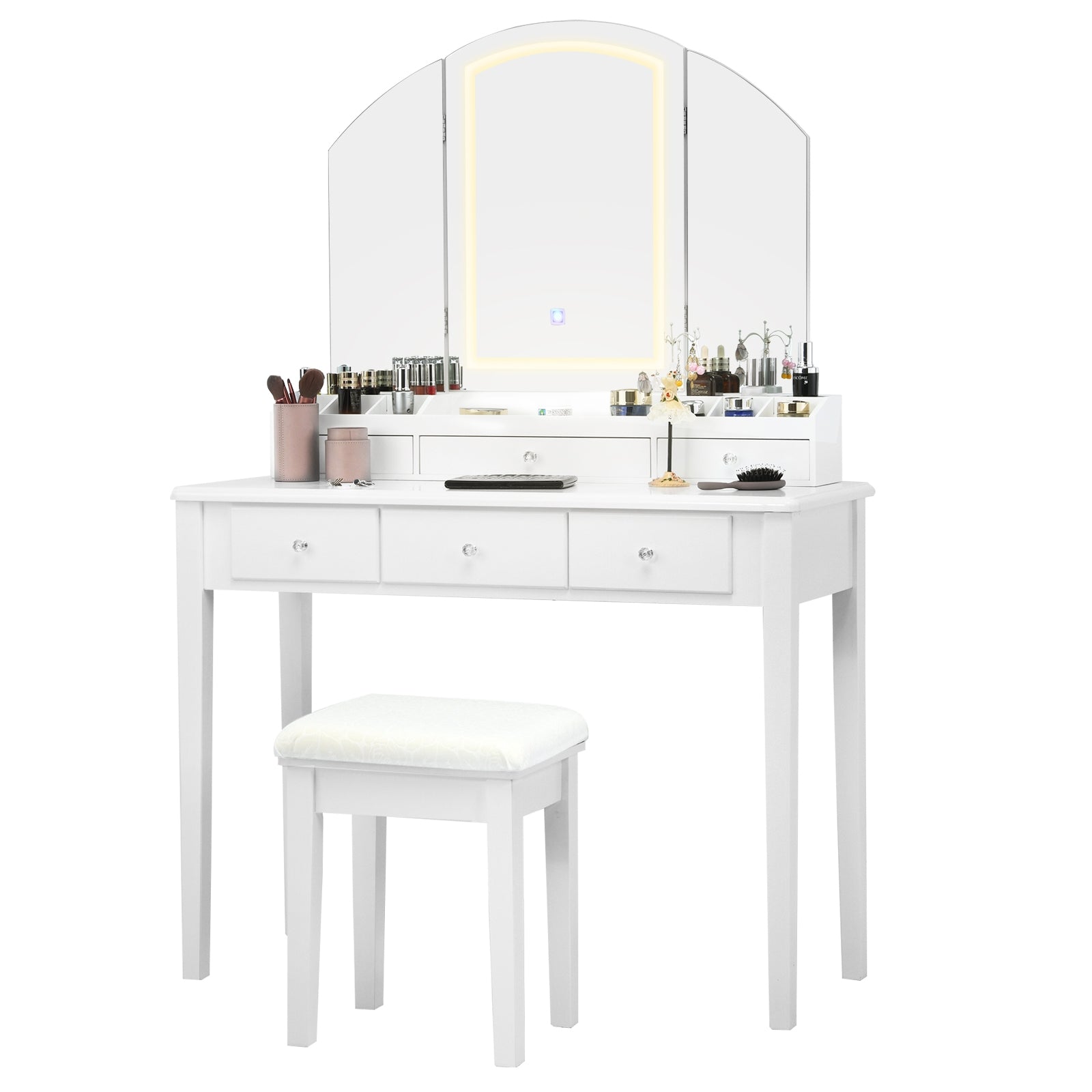 Vanity Table Stool Set with Large Tri-folding Lighted Mirror-White