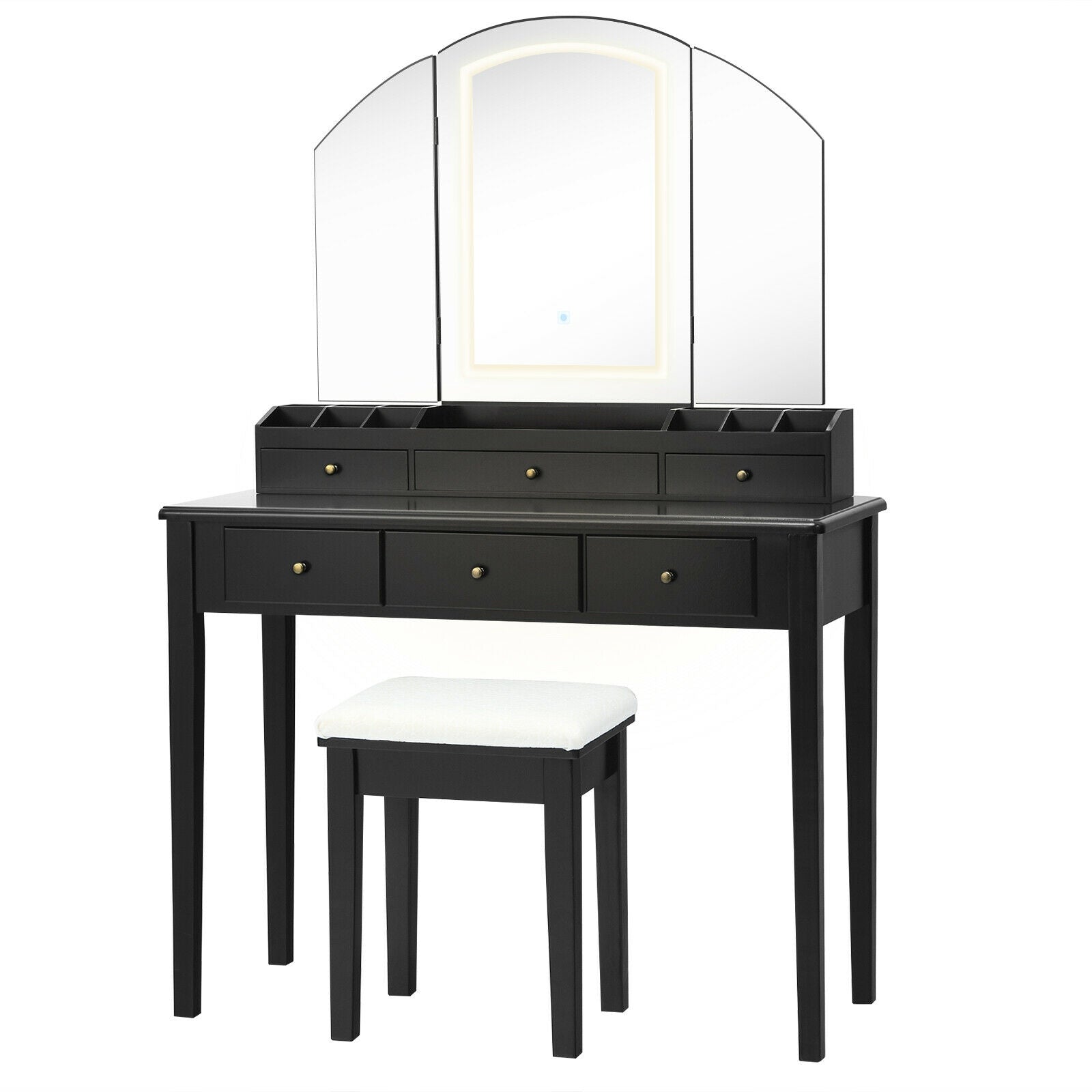 Vanity Table Stool Set with Large Tri-folding Lighted Mirror-Black