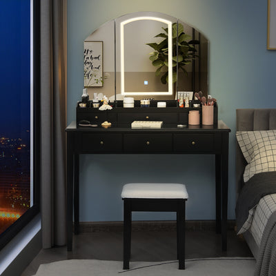 Vanity Table Stool Set with Large Tri-folding Lighted Mirror-Black 