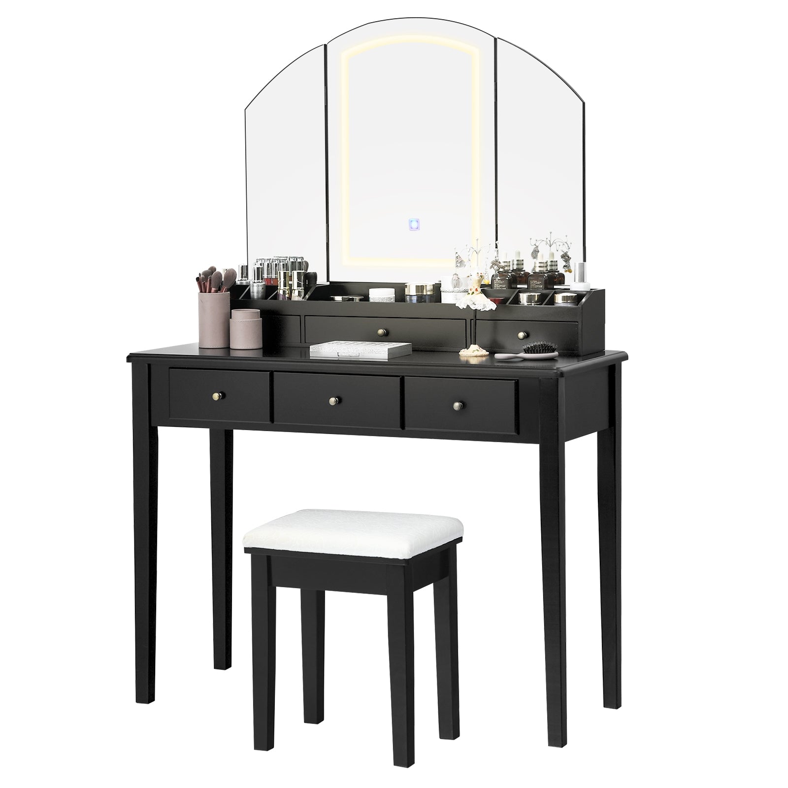 Vanity Table Stool Set with Large Tri-folding Lighted Mirror-Black