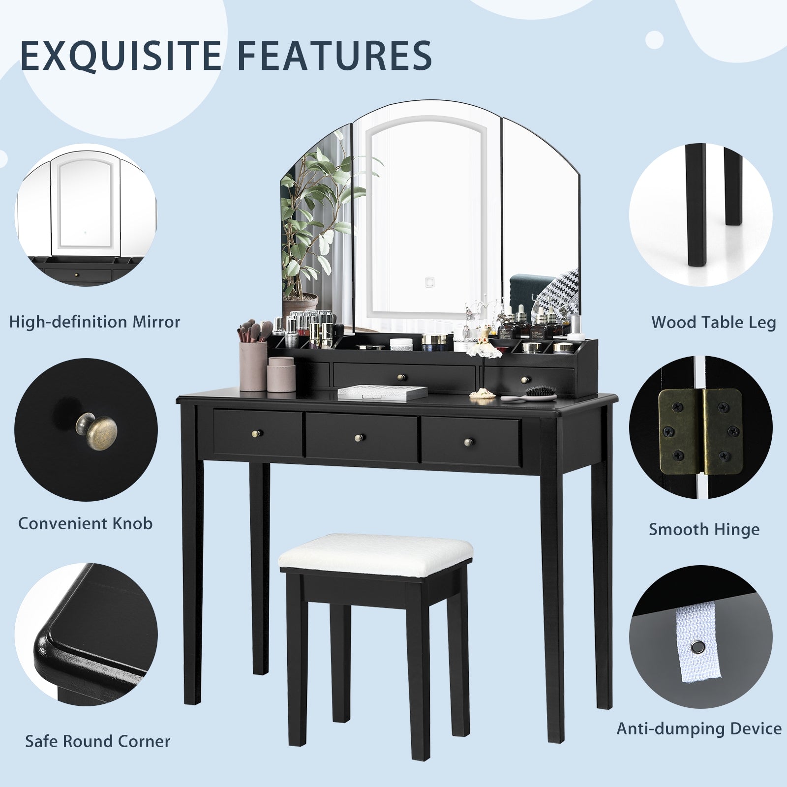 Vanity Table Stool Set with Large Tri-folding Lighted Mirror-Black