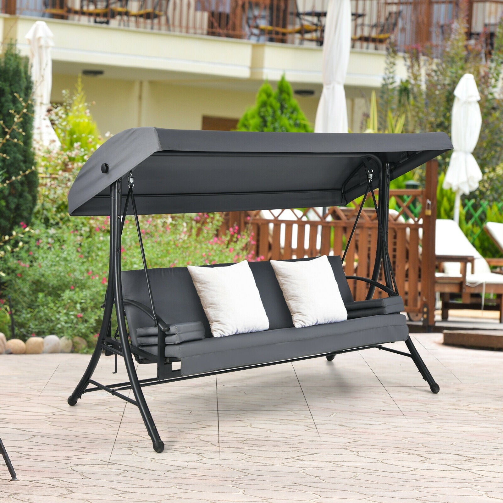 3-Seat Patio Outdoor Swing with Adjustable Tilt Canopy-Gray