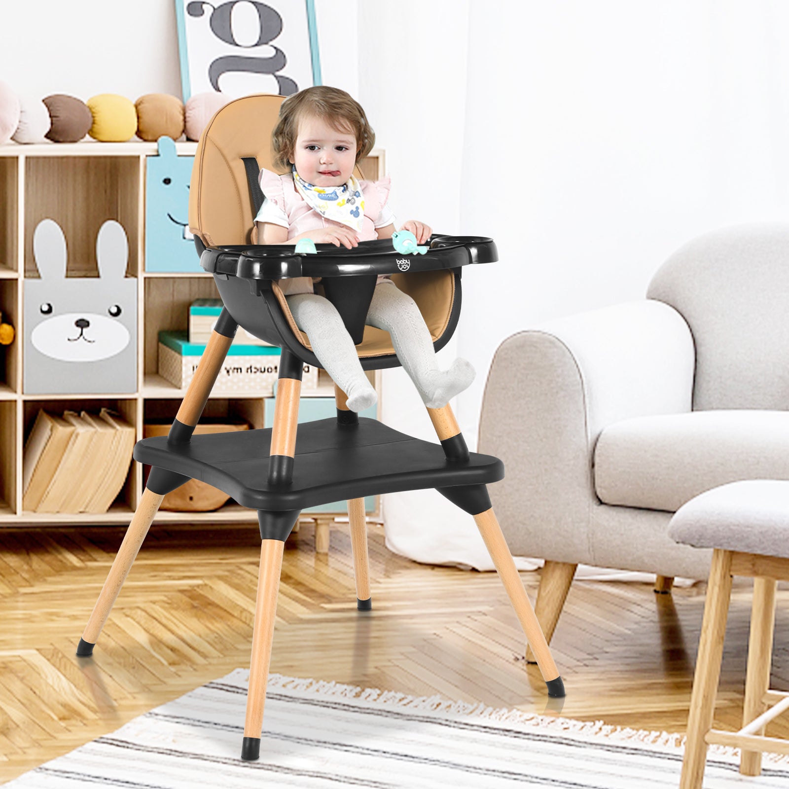 5-in-1 Baby Eat and Grow Convertible Wooden High Chair with Detachable Tray-Light Brown