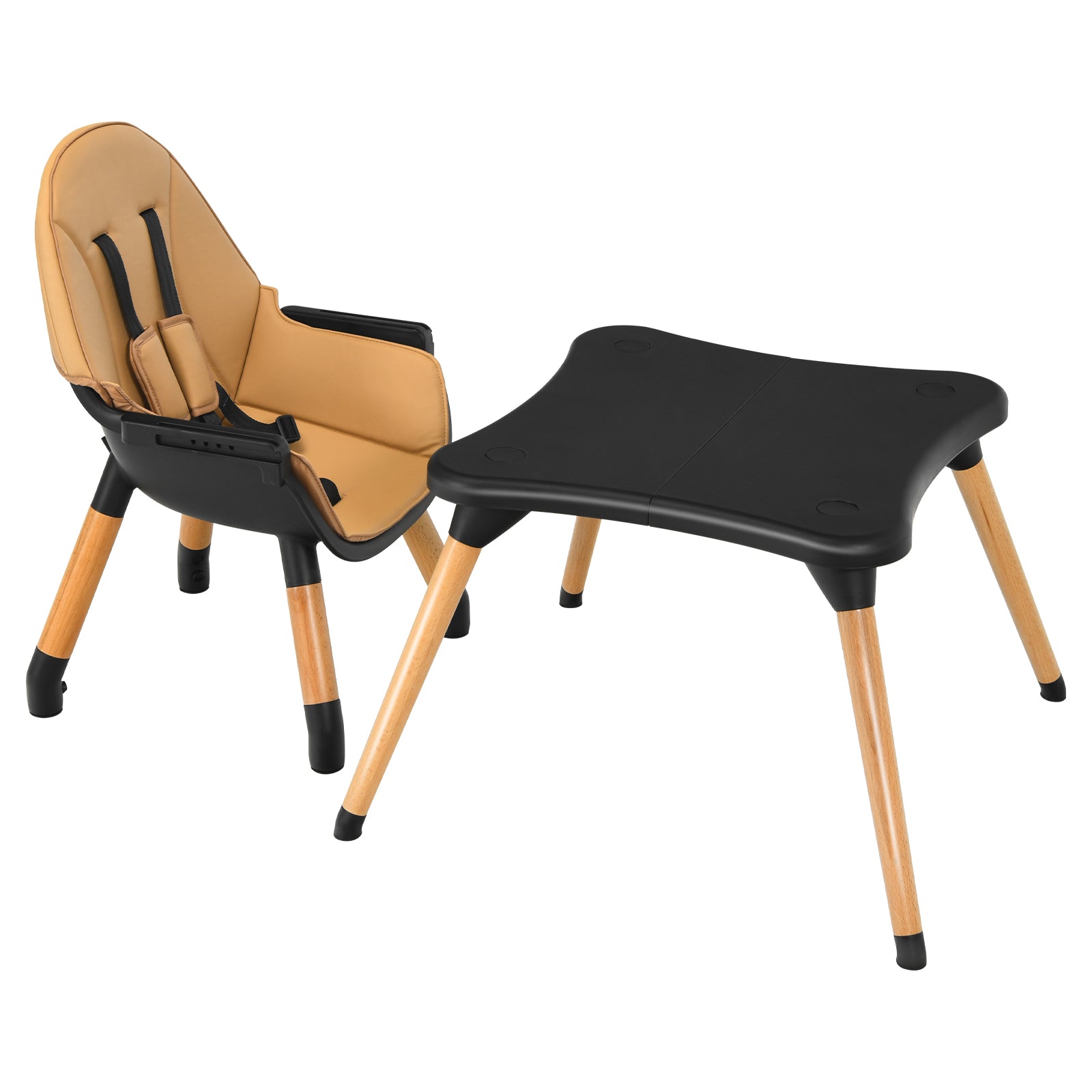 5-in-1 Baby Eat and Grow Convertible Wooden High Chair with Detachable Tray-Light Brown 