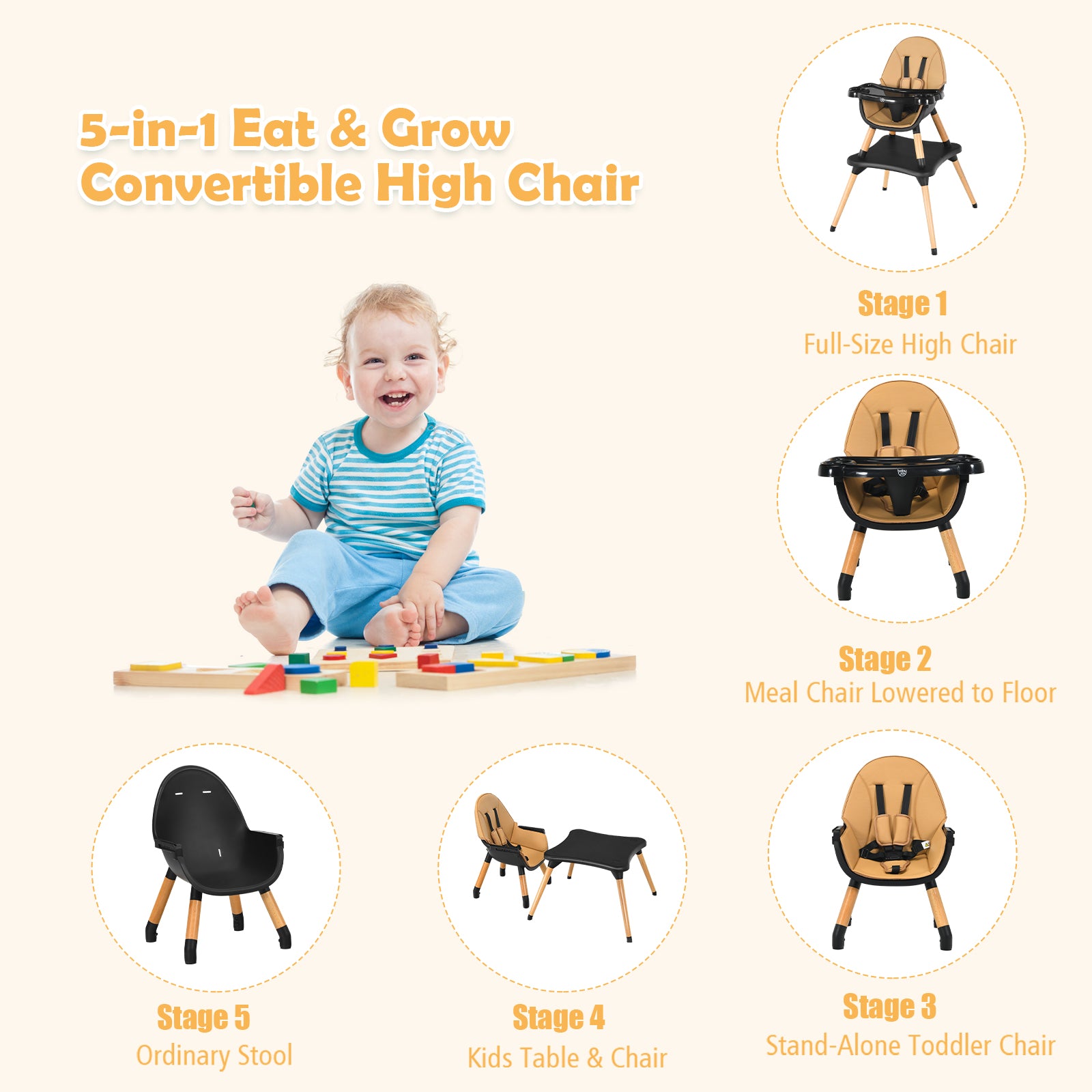 5-in-1 Baby Eat and Grow Convertible Wooden High Chair with Detachable Tray-Light Brown 