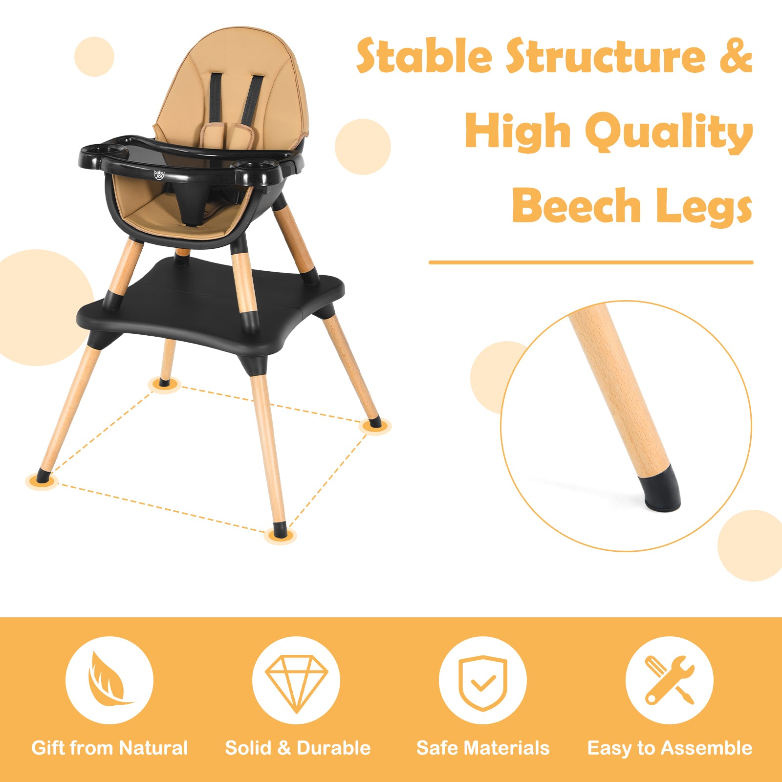 5-in-1 Baby Eat and Grow Convertible Wooden High Chair with Detachable Tray-Light Brown 