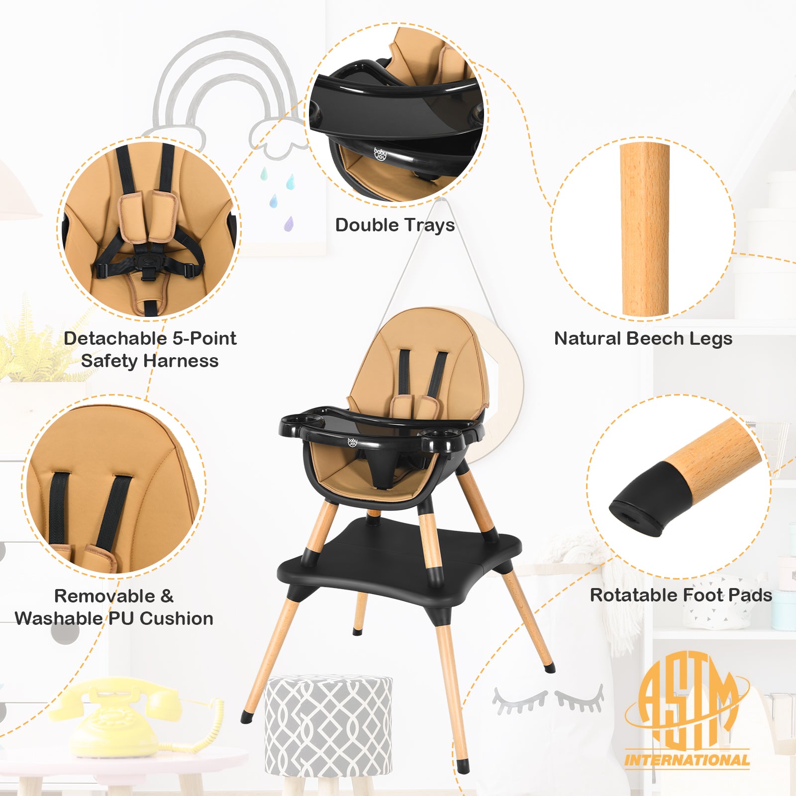 5-in-1 Baby Eat and Grow Convertible Wooden High Chair with Detachable Tray-Light Brown 