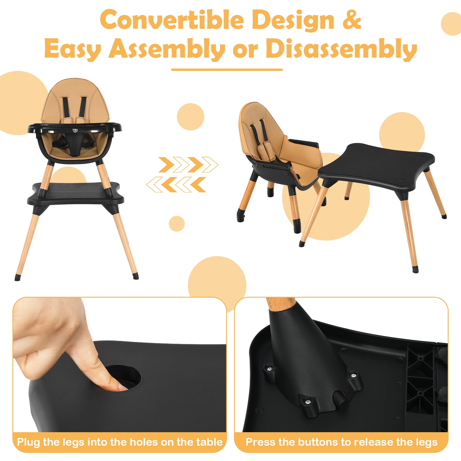 5-in-1 Baby Eat and Grow Convertible Wooden High Chair with Detachable Tray-Light Brown 