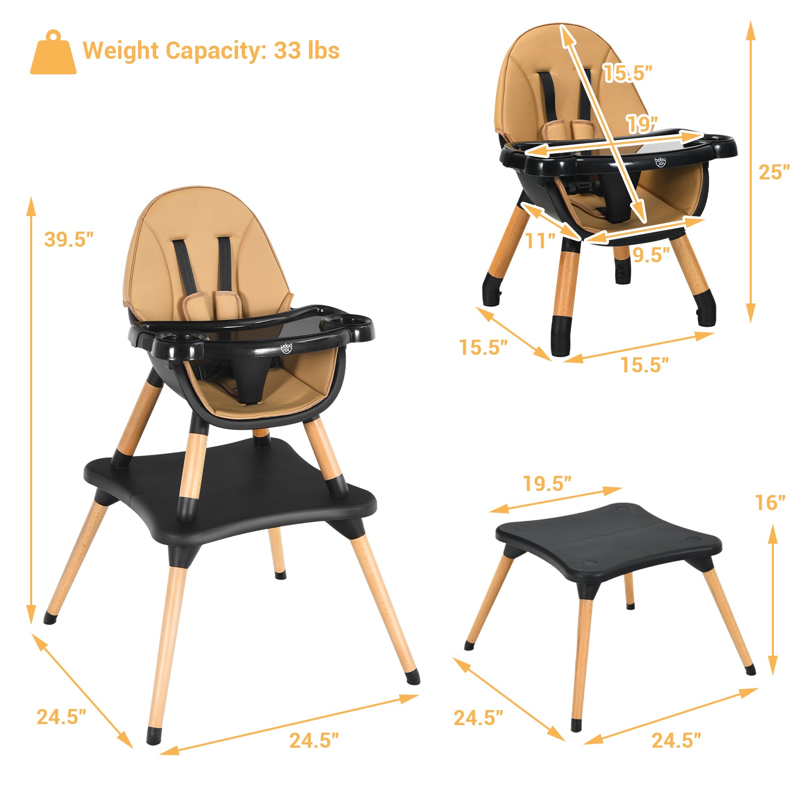 5-in-1 Baby Eat and Grow Convertible Wooden High Chair with Detachable Tray-Light Brown 