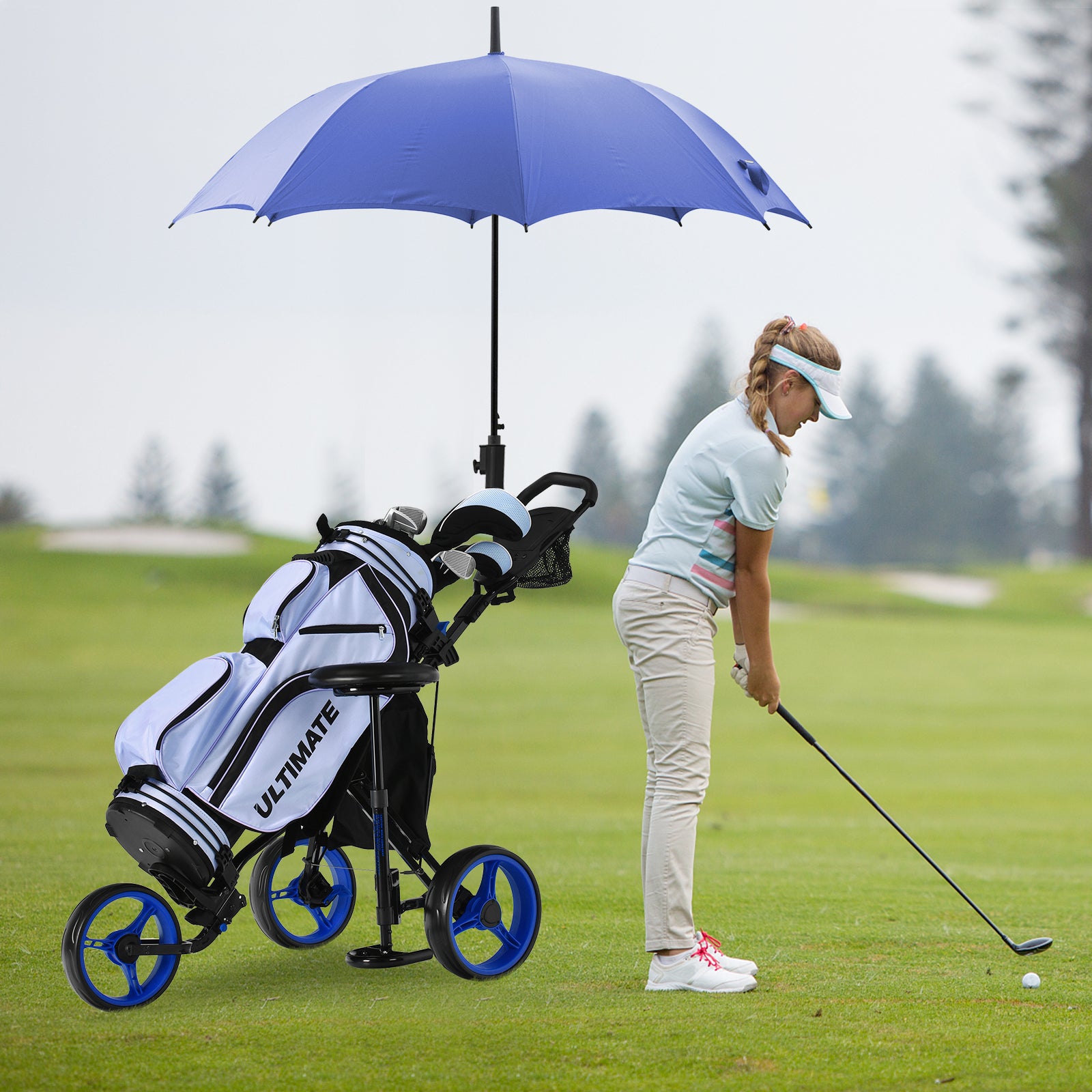 3 Wheels Folding Golf Push Cart with Seat Scoreboard and Adjustable Handle-BlueÂ 