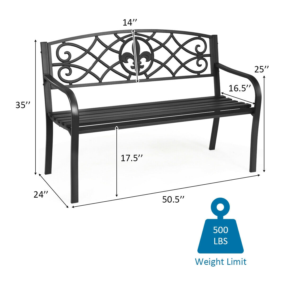 50 Inch Patio Heavy-Duty Metal Garden Bench