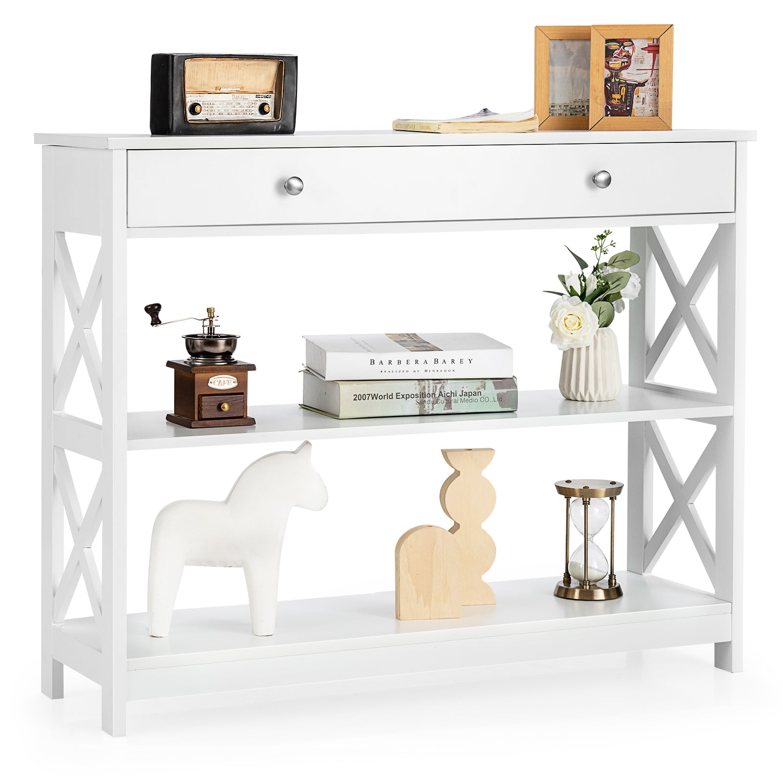 Console Table 3-Tier with Drawer and Storage Shelves-White