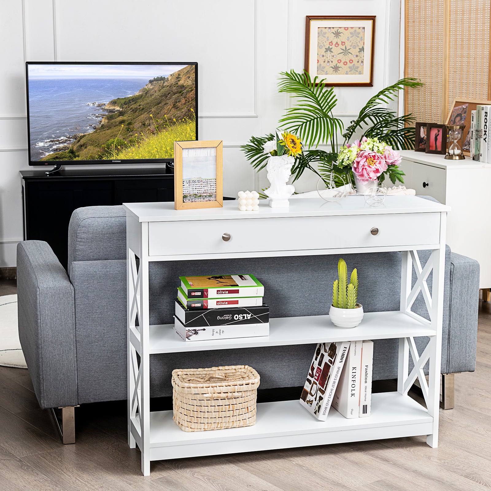 Console Table 3-Tier with Drawer and Storage Shelves-White